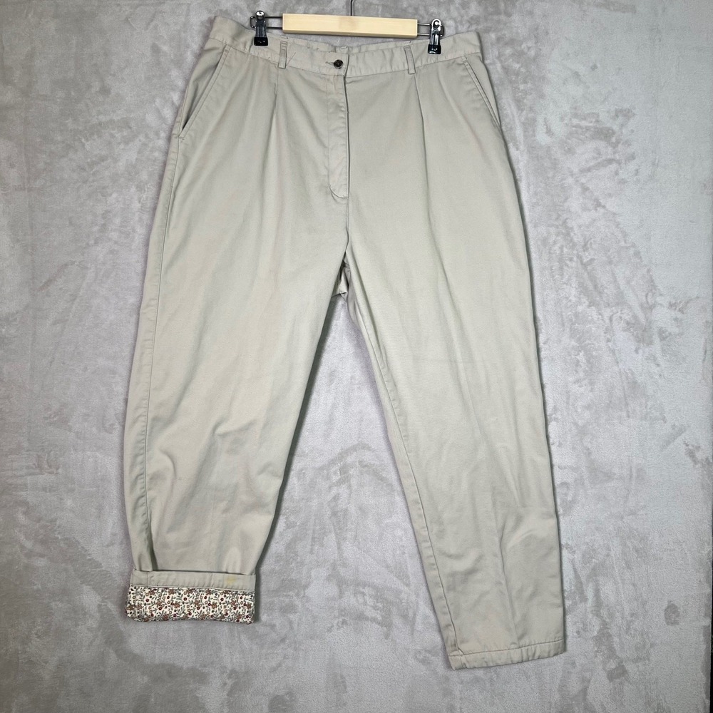 Vtg LL Bean Flannel Lined Pants Womens Size 20 Beige Floral Interior Warm Winter